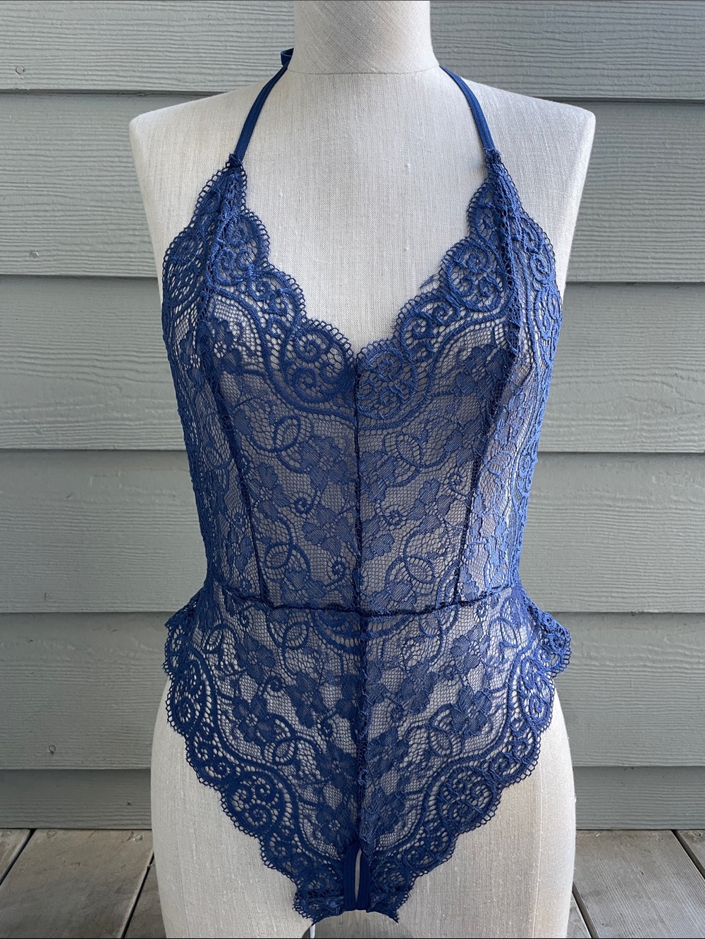 Blue Lace Halter Teddy Bodysuit with split open bottom BNWOT